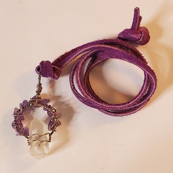Handmade purple leather corded beaded quartz pendent necklace in Great condition - Picture 1 of 4